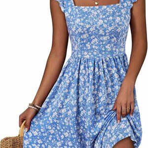 Summer Casual Cute Floral Flowy Square Neck Sundressses with Pocket Beach Dress